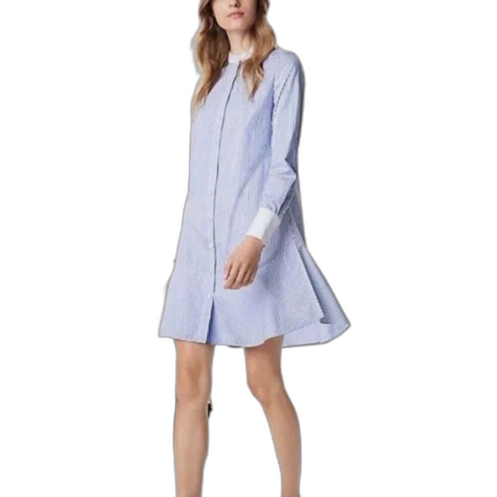 Tory Burch Women's Blue White Stripe Button-Up LS Ruffle Hem Shirt Dress Size 10